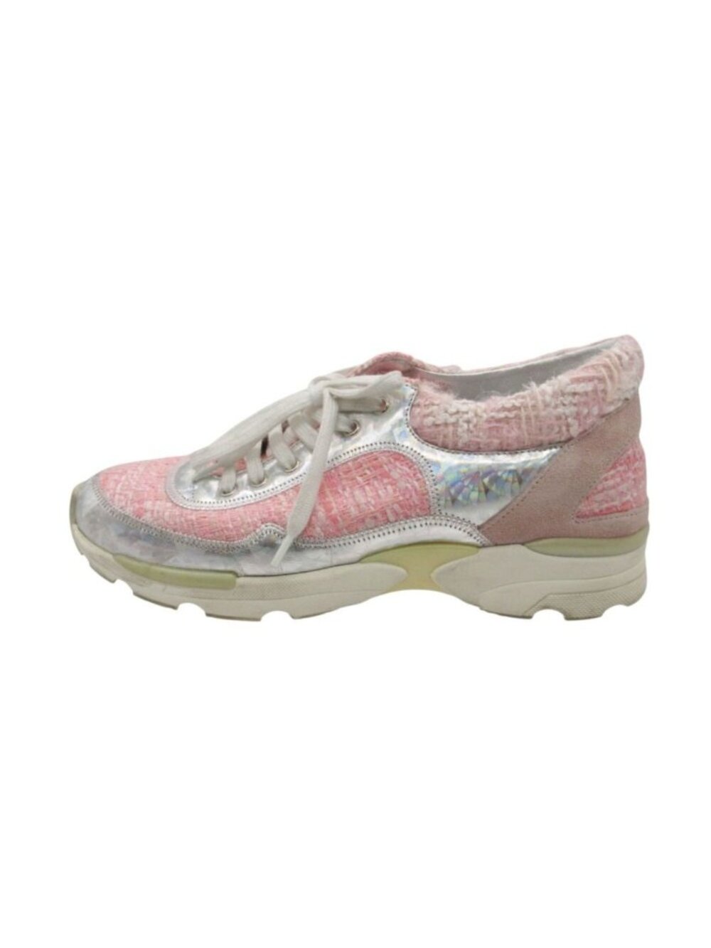 Chanel Sneakers Tweed CC Logo Platform Shoes Metallic Pink